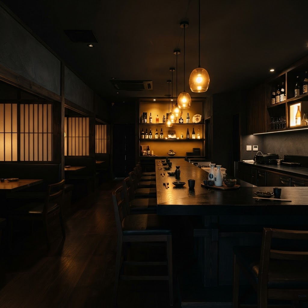 Interior íntimo del restaurante SUKOI con iluminación cálida