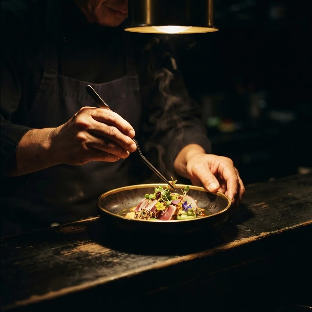 Chef de SUKOI emplatando un platillo nikkei bajo luz cálida